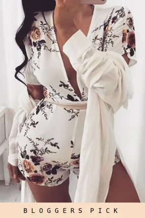 White Floral V Cut Playsuit - Dianne