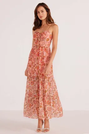 Amelia Peach Floral Tiered Strappy Midi Dress