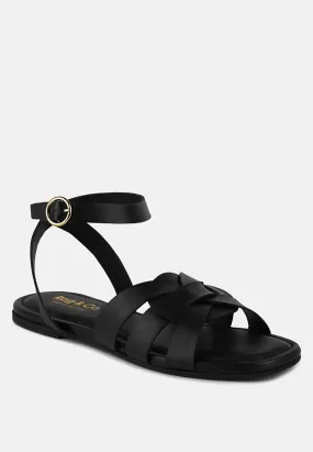 ASHTON Black Flat Ankle Strap Sandals