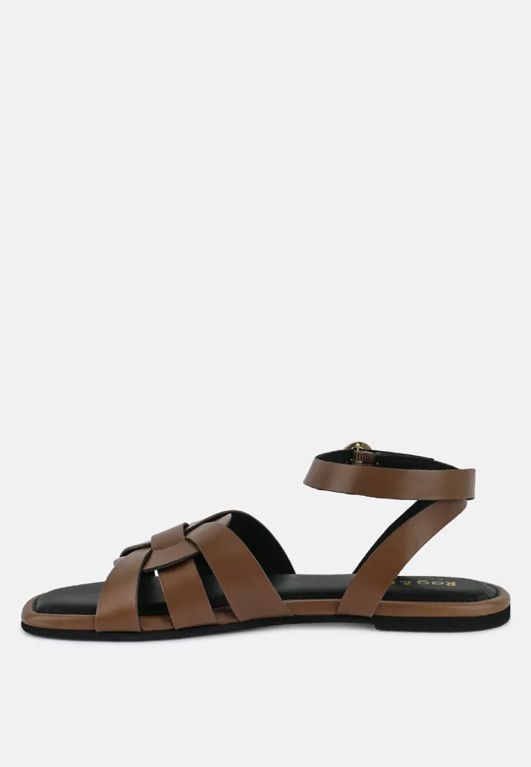 ASHTON Tan Flat Ankle Strap Sandals