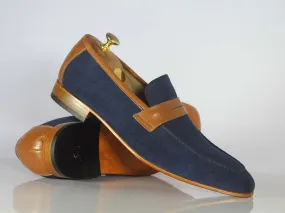 Awesome Handmade Men's Blue Suede Brown Leather Loafer Shoes, Men Designer Shoes