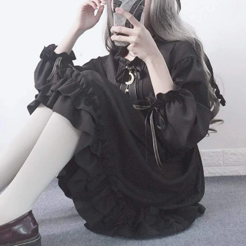 Goth Ruffles Chiffon Dress With Bowknot