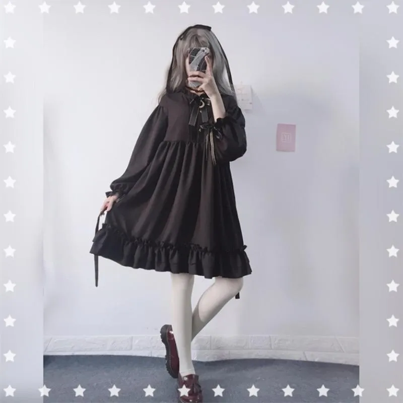 Goth Ruffles Chiffon Dress With Bowknot