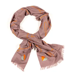 HAND EMBROIDERED CASHMERE SCARF "PEACE" IN ORANGE/MUD