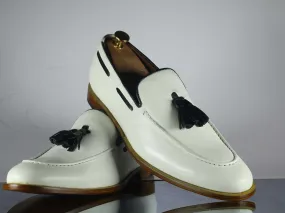 Handmade Men's White Color Leather Tassel Loafers, Men Designer Dress Formal Luxury Shoes