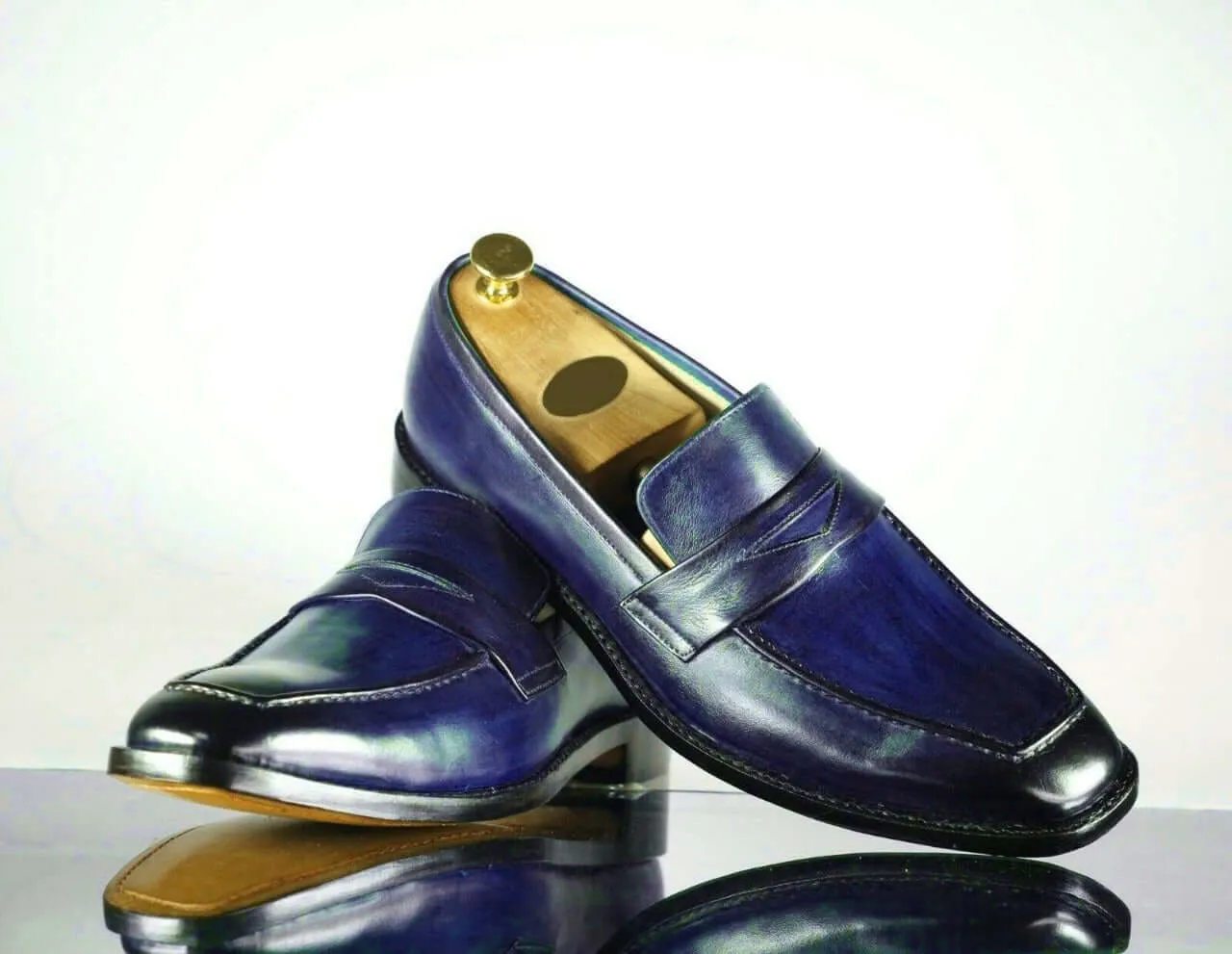 Men's Handmade Blue Leather Penny Loafer Shoes, Men Designer Dress Formal Luxury Shoes