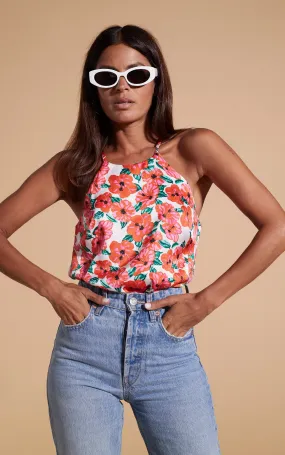 Nina Halter Cami Top In Hibiscus Red Orange On White