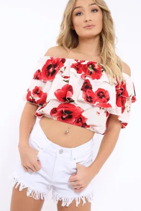 White Floral Print Bardot Frill Crop Top - Caris