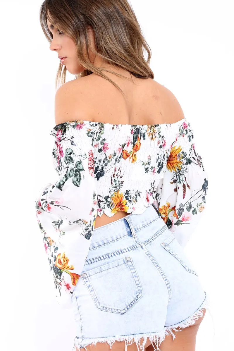 White Floral Shirred Flared Sleeve Top - Jaasia