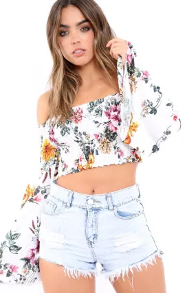 White Floral Shirred Flared Sleeve Top - Jaasia