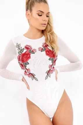 White Long Sleeves Floral Mesh Bodysuit - Daphne